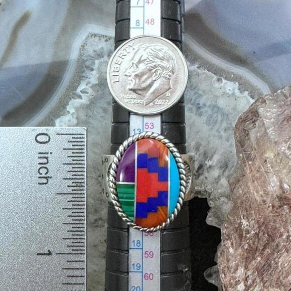 Carolyn Pollack Sterling Silver Oval Multistone Inlay Rug Design Ring Size 7.5 - Picture 9 of 10